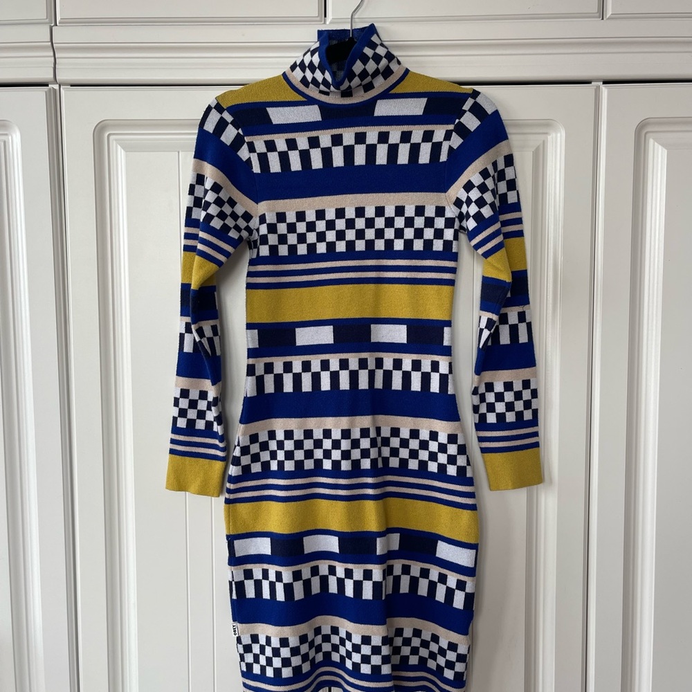 Striped and Checkeded Blue and Yellow Sweater Turtleneck Dress